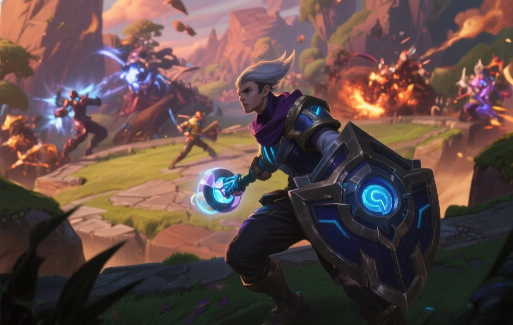 一个辅助型英雄在峡谷下路为ADC提供保护，背景是激烈的团战场面