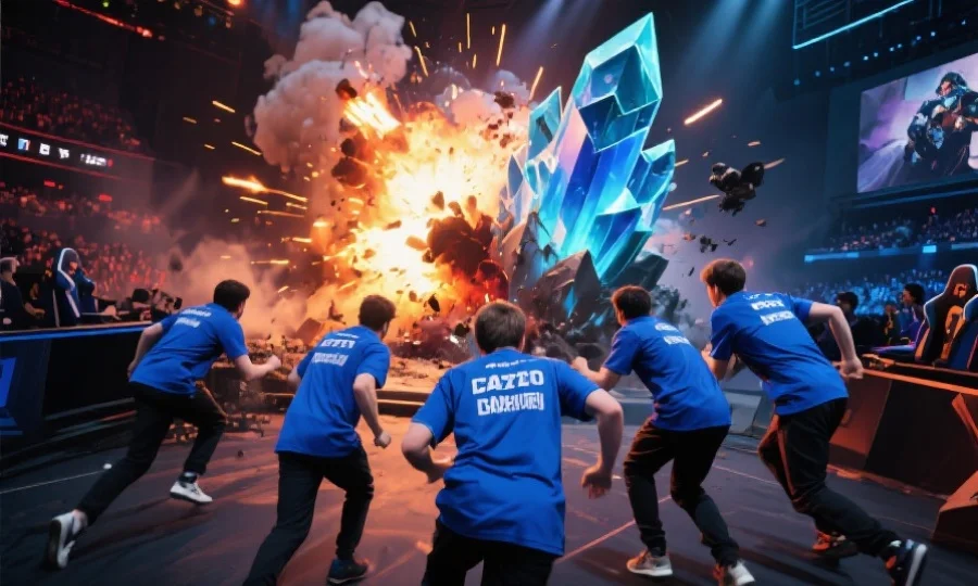 电子竞技比赛终结时刻，蓝色方五人集结推倒敌方主水晶，画面中充满紧张与爆发的气氛